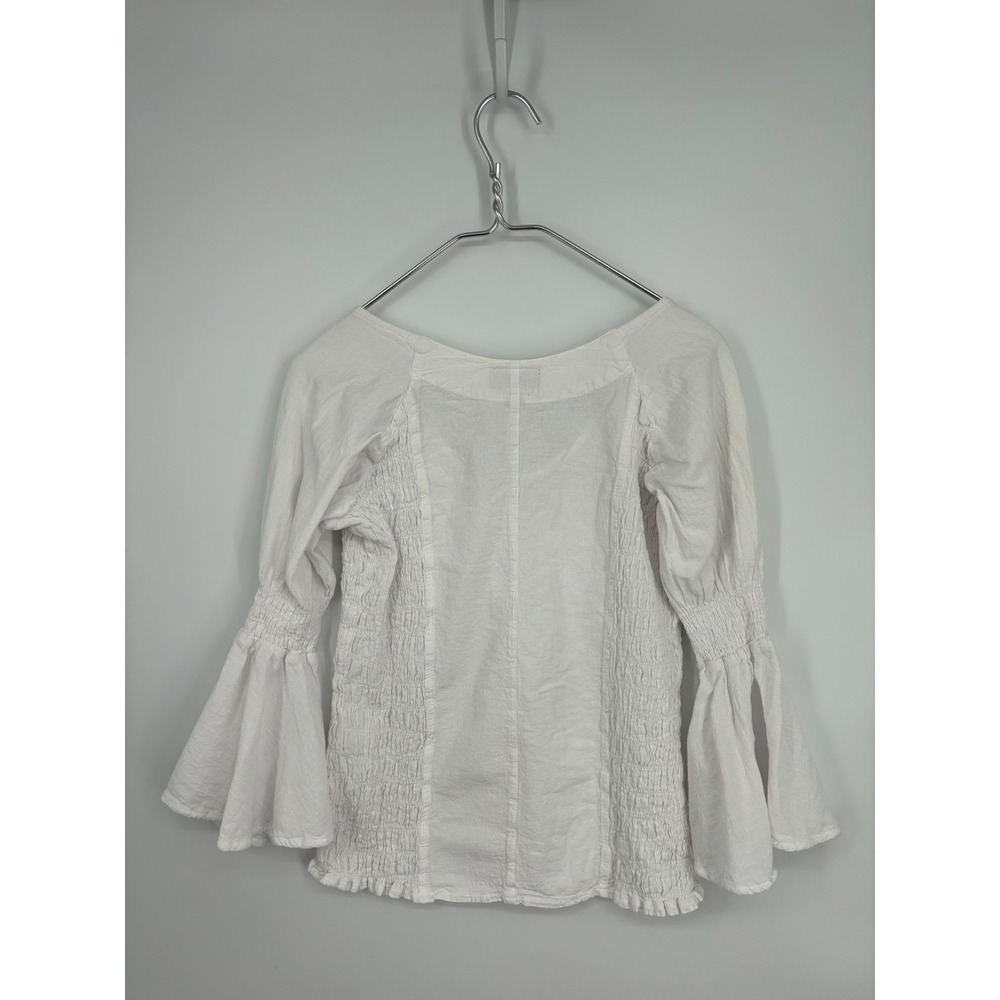 Scully Blouse Womens S White Smocked Bell Sleeves Lace Up Western Festival - Picture 2 of 8